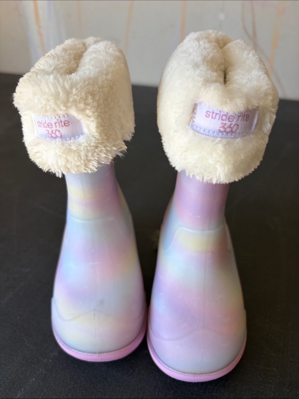 Stride Rite Pastel Rainbow Rain or Snow Boots with Cream Faux-Fur Cuff